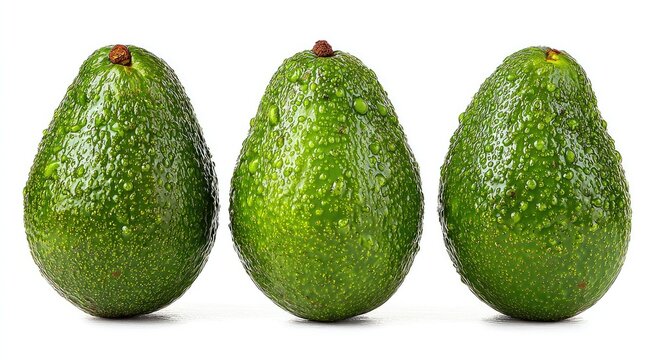 Three avocados, bright green, covered in water droplets, arranged in a horizontal row against a plain white background