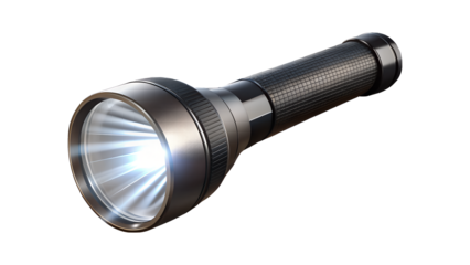 A powerful flashlight with a bright beam, isolated on transparent background, perfect for emergencies, camping, and outdoor activities