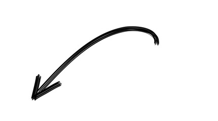 Black curved arrow pointing down left in brush style for flow direction, infographic indicators, or presentations