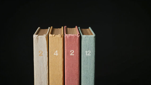 Four vintage hardcover books with numbers on spines lined up against a dark background
