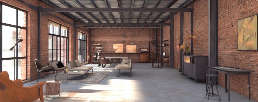 Large industrial style open plan living space interior design