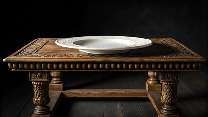 Ornate wooden table with white ceramic plate antique