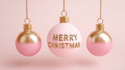 Colorful pink ornaments hang gracefully, featuring the words Merry Christmas. The scene captures a festive spirit perfect for celebrating both Christmas and New Year 2026.