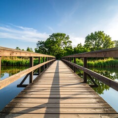 Wooden bridge over tranquil waterway
