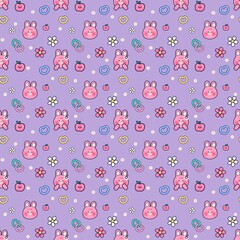 Cute Pink Bunny and Apple Seamless Pattern with Hearts and Flowers on Pastel Background