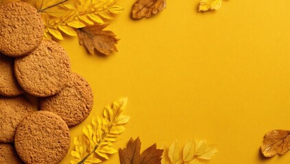 Stacked cookies and autumn leaves on a mustard yellow background
