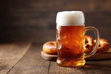 Golden beer with frothy head beside delicious pastries on rustic
