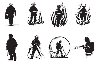 Brave Firefighter Silhouette Vector Walking Through Flames Graphic Art