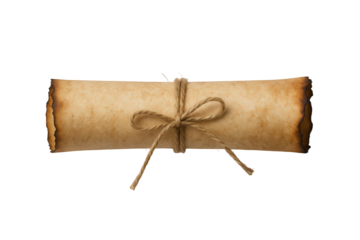 Ancient Rolled Parchment Scroll Tied with Twine, Featuring Burned Edges and Aged Texture