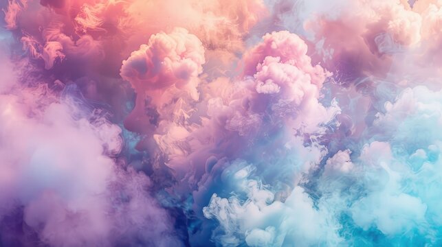 Dreamlike pastel cloudscape with pink, blue, and purple hues; soft, fluffy formations fill the frame, creating a serene and ethereal atmosphere