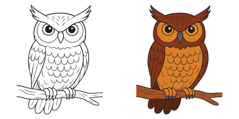 Cute Owl Stares Intently Coloring Book For Kids Vector Cartoon On White Background