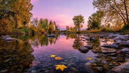 Obraz premium Autumnal river reflections at dawn. Tranquil, crystal-clear water mirroring a colorful fall scene. Trees display vibrant hues of yellow and orange against a soft, pastel sky. 