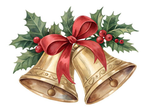 Golden christmas bells with red ribbon and holly isolated on transparent background