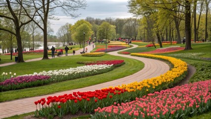 Tulip Flowerbeds and Pathway in a Park