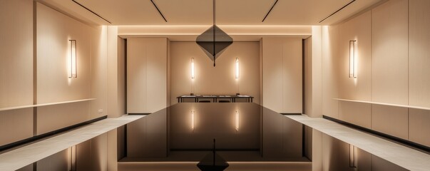 A modern conference room with a reflective black table and lighting