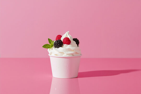 Frozen Yogurt Cup with Fresh Berries and Mint on Pink Surface froyo dessert