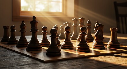 Chess pieces on wooden board showing strategic game with black king queen and pawns in competition