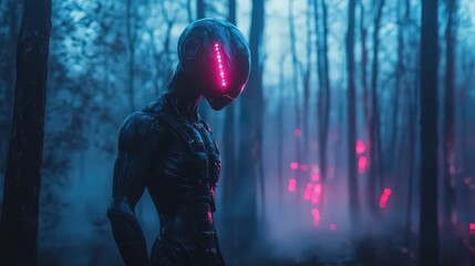 A humanoid alien figure with glowing red lights standing in a dark and misty forest landscape scene