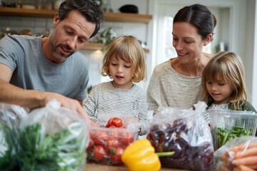 eco-conscious family unpacking groceries stored in recyclable containers, bright kitchen setting,
