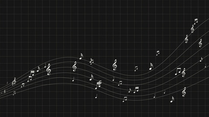 musical notes with cord flying on grid, white notas music and song social media design element	