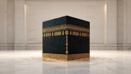 Dark-clad cube structure, ornate with gold, sits in a pristine, light-filled space