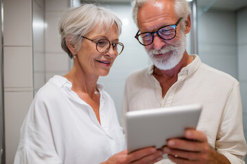 elderly couple reviewing health data on smart mirror display in bathroom, futuristic health tech, 