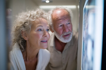 elderly couple reviewing health data on smart mirror display in bathroom, futuristic health tech,