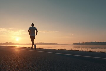 A runner sprints along a paved road at sunrise over a lake.  Silhouetted figure, focused on the horizon, as the sun rises.  Peaceful, serene landscape
