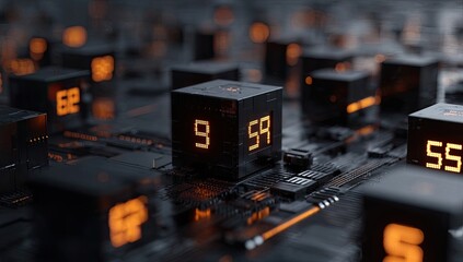 Dark, metallic cubes with glowing orange numbers on circuit board