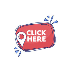 Red click here button with location pin and burst effect