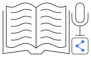 Open book with wavy lines symbolizing text, a microphone, and a network icon. Ideal for education, learning, podcasting, communication, storytelling, technology simple landing page