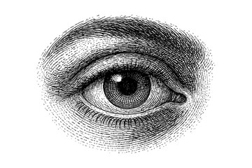 Obraz premium Detailed black and white etched human eye sketch with engraving effect