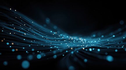 Abstract digital network of glowing turquoise lines and golden specks on a dark background. A flowing, dynamic design evokes connection and technology