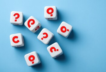 Scattered white dice, each with a red question mark or circle symbol, on a light-blue surface