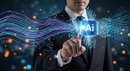 Photo of businessman touching a glowing ai symbol with digital data streams