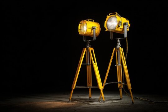 Halogen Work Lamp on Yellow Tripod Illuminating Dark Construction Site