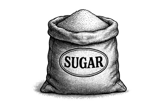 Hand drawn sketch of a bag filled with sugar on a white background