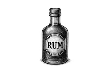 Vintage rum bottle drawing with hatching details on white background