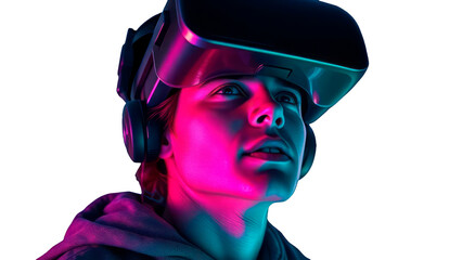 Young Gamer Immersed in a Futuristic Virtual Reality Headset with Neon Pink and Blue Lighting, Capturing the Essence of Cutting-Edge Technology and Digital Entertainment, Ideal for Innovation Themes