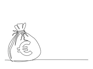 Money bag with euro symbol in single outline illustration. Continuous line art drawing of euro money bag.