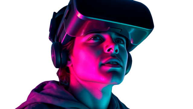 Young Gamer Immersed in a Futuristic Virtual Reality Headset with Neon Pink and Blue Lighting, Capturing the Essence of Cutting-Edge Technology and Digital Entertainment, Ideal for Innovation Themes