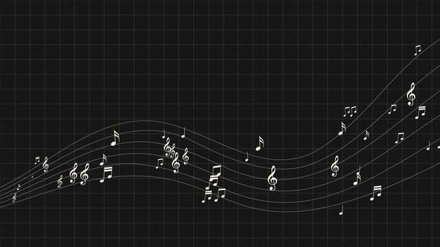 musical notes with cord flying on grid animation, white notas music and song social media motion design element	