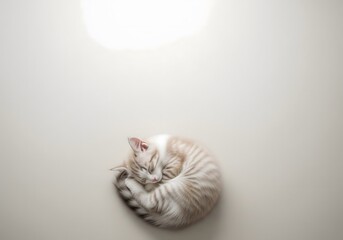 Sweet little tabby kitten curled up and sleeping peacefully on a light beige surface with lots of copy space, showcasing tranquility and comfort
