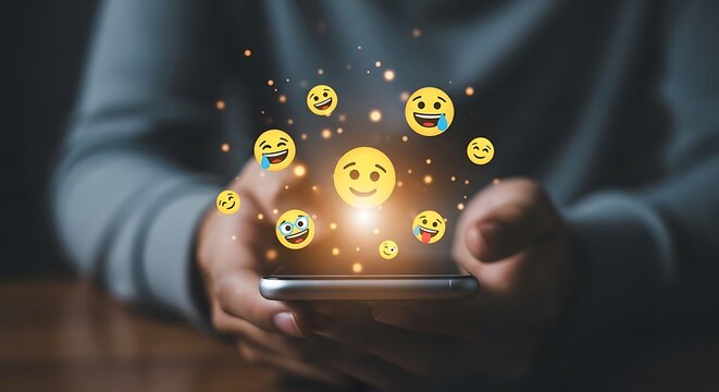 Person holding smartphone with glowing emojis and particles floating emoticon social media