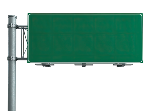 Blank highway sign, emerald green, mounted on a metal support pole