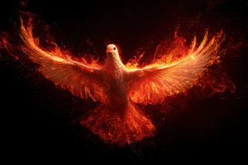 Celestial Spirit: A Bird in Flight Surrounded by Fiery Flames, Capturing the Essence of Holy Pentecost