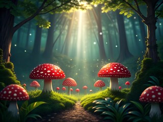 Red and white mushrooms in a sunlit magical forest