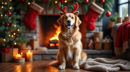 Golden retriever dog wearing antlers by a cozy christmas fireplace