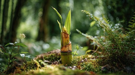 Young bamboo shoot emerging from mossy ground