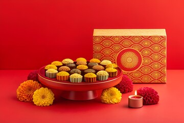 Red dessert platter with assorted colorful pastries and marigold flowers